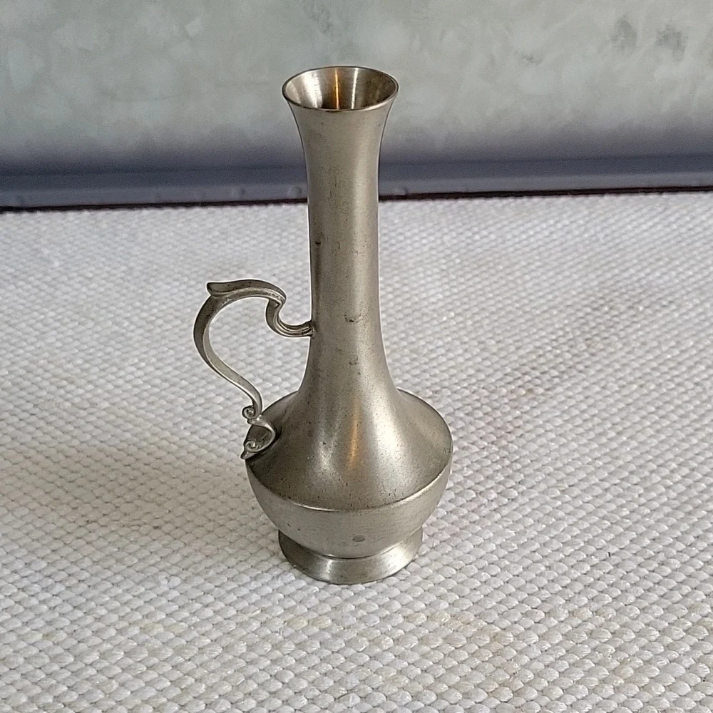 Small vintage pewter bud vase with handle.  5.5